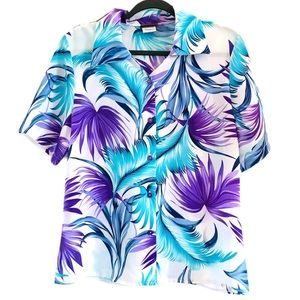 Vintage Tropical Palm Print Button-Down Shirt in Purple & Teal